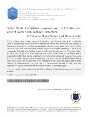 Social Media Advertising Response and Its Effectiveness: Case of South Asian Teenage Customers by Mohammad Mazibar Rahman & Md