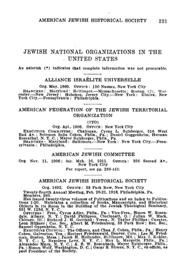 JEWISH NATIONAL OKGANIZATIONS in the - UNITED STATES an Asterisk (*) Indicates That Complete Information Was Not Procurable