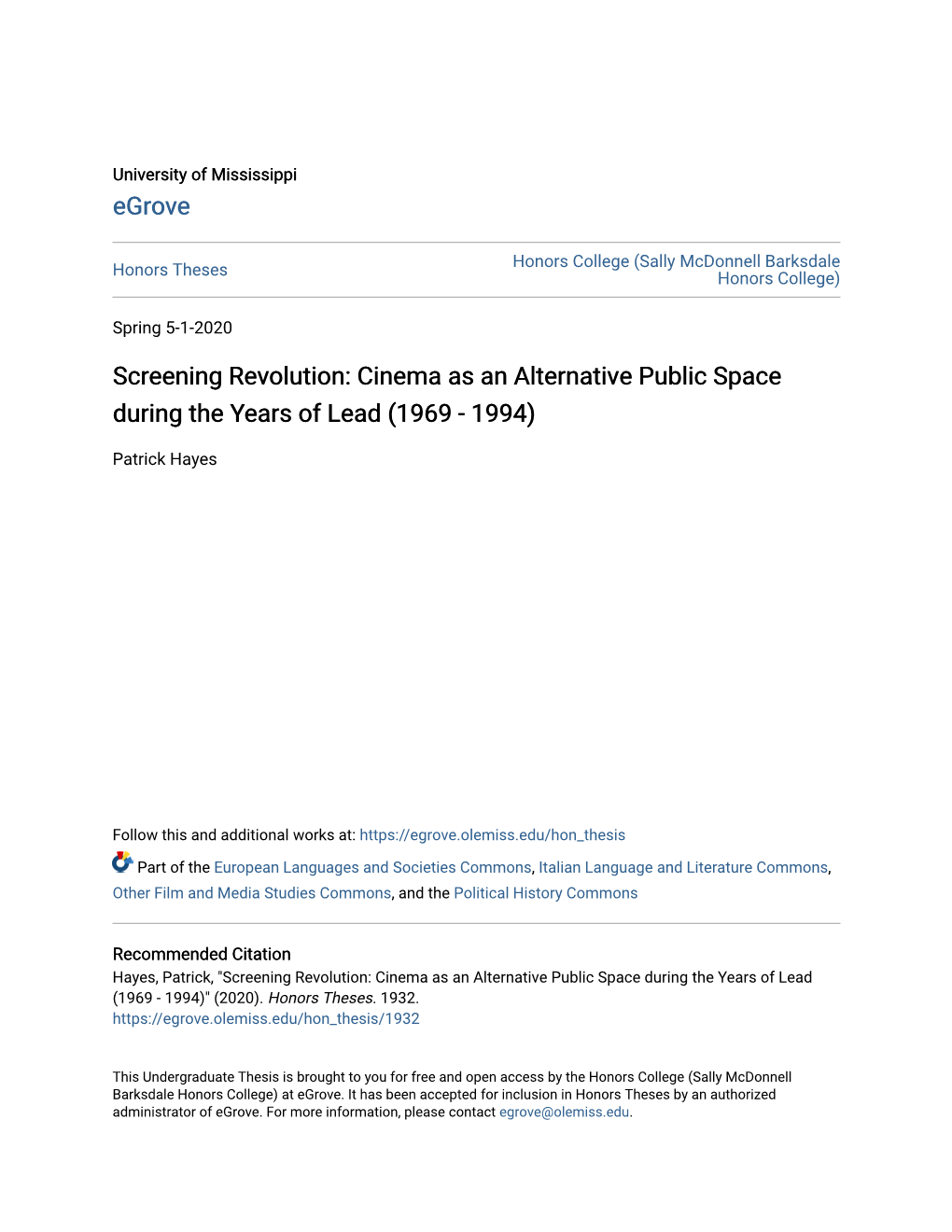 Cinema As an Alternative Public Space During the Years of Lead (1969 - 1994)