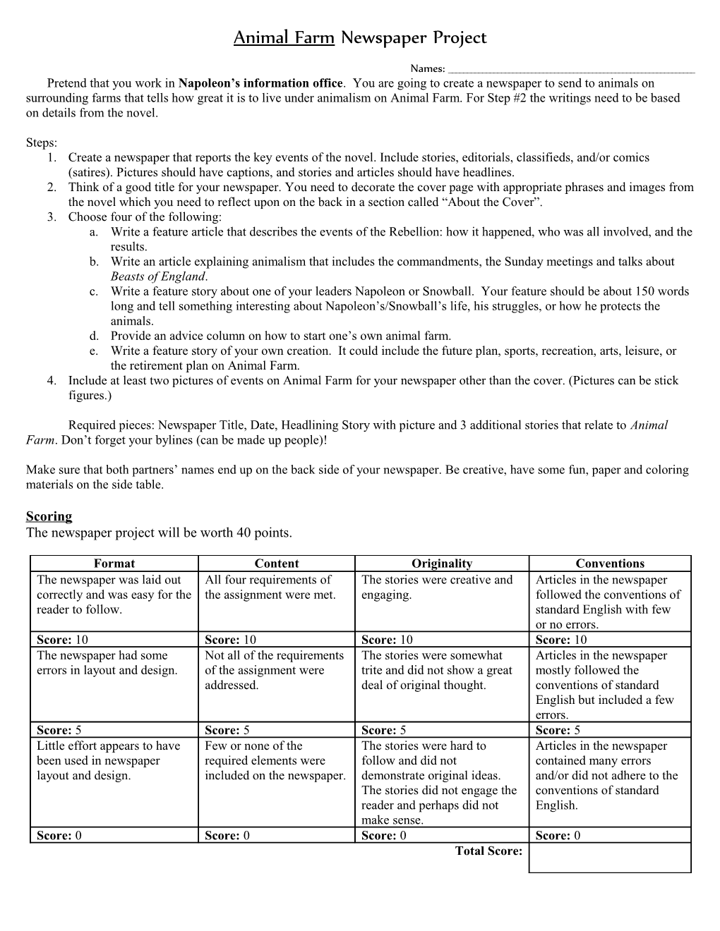 Animal Farm Newspaper Project