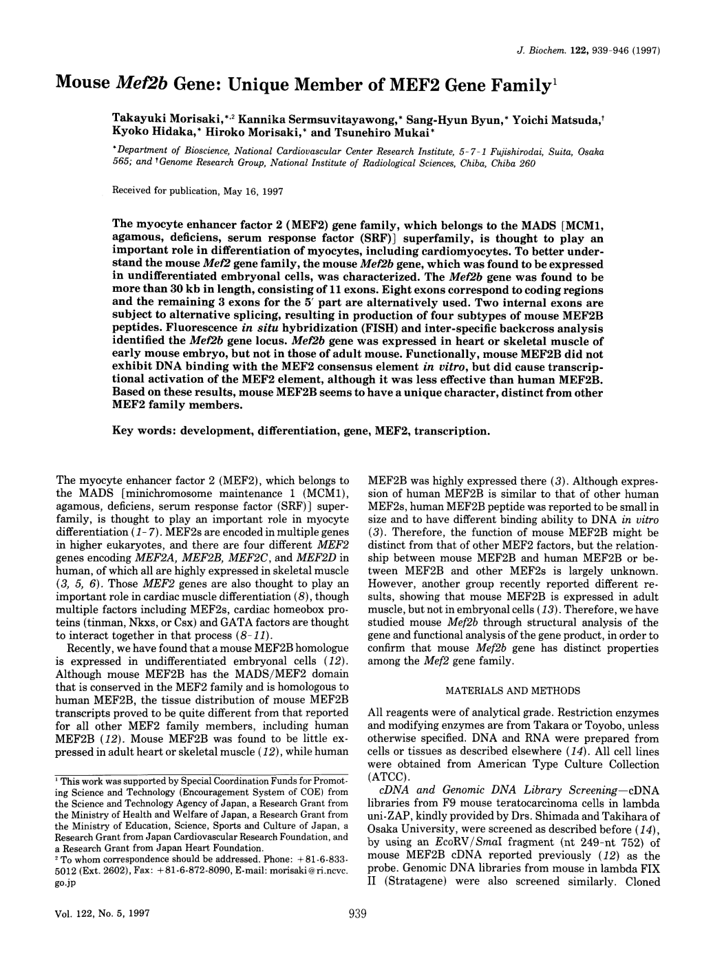 Mouse Mef2b Gene: Unique Member of MEF2 Gene Family1