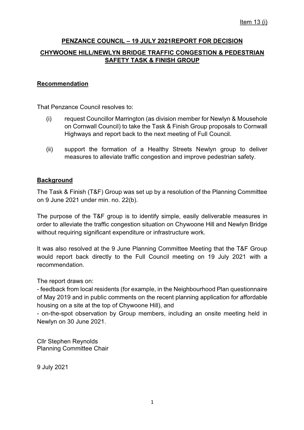 Item 13(I)Chywoone Hill Newlyn Bridge Traffic and Pedestrian Safety