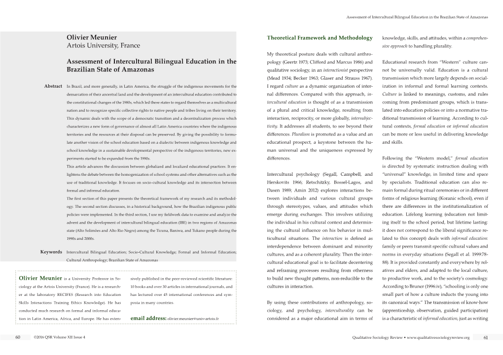 Olivier Meunier Artois University, France Assessment of Intercultural Bilingual Education in the Brazilian State of Amazonas