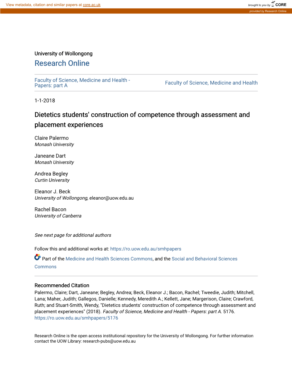 Dietetics Students' Construction of Competence Through Assessment and Placement Experiences