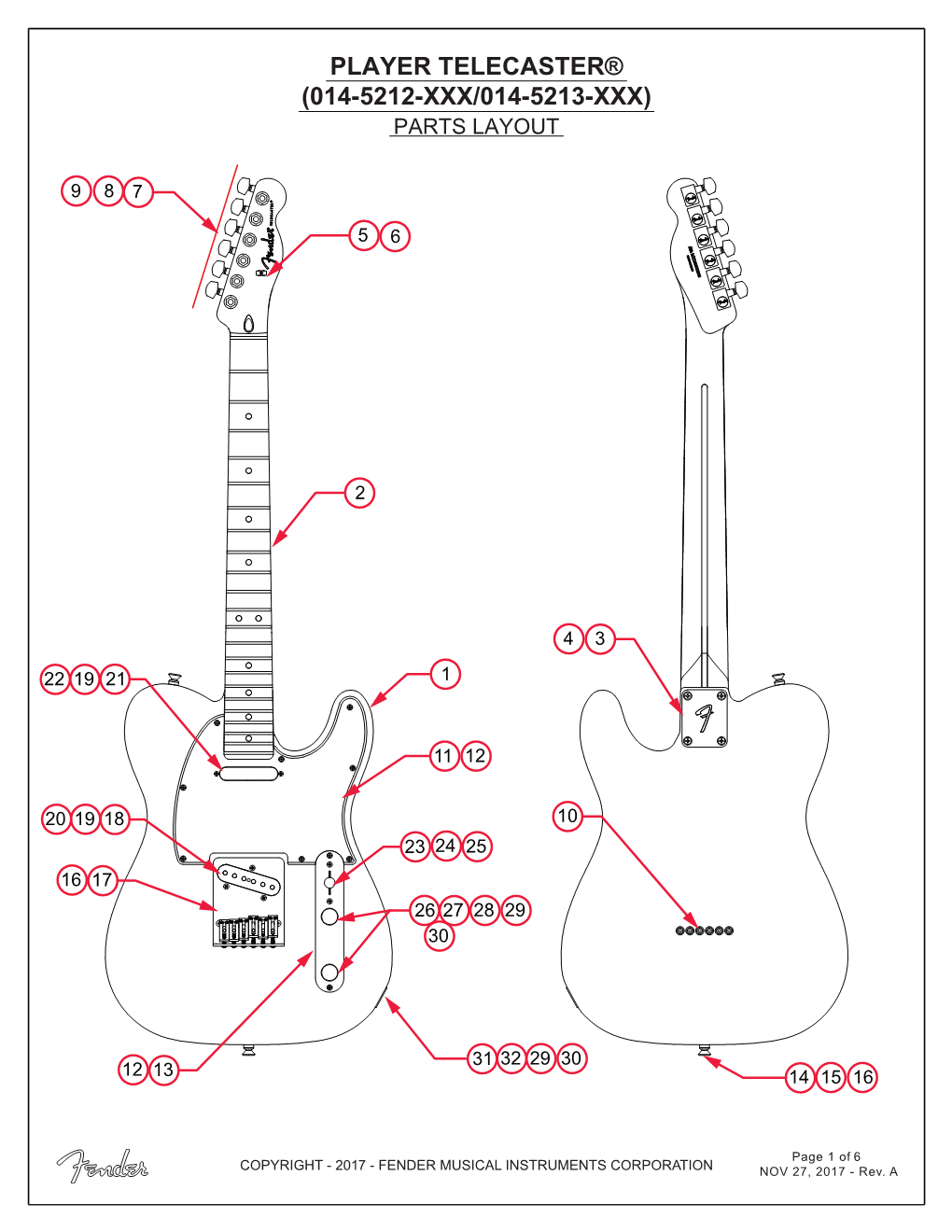 Player Telecaster® (014-5212-Xxx/014-5213-Xxx) Parts Layout