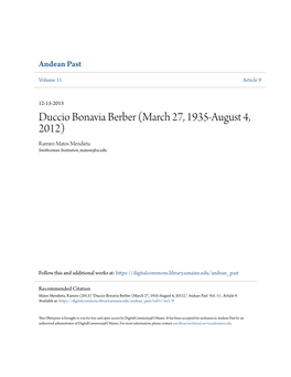 Duccio Bonavia Berber (March 27, 1935-August 4, 2012) Ramiro Matos Mendieta Smithsonian Institution, Matosr@Si.Edu
