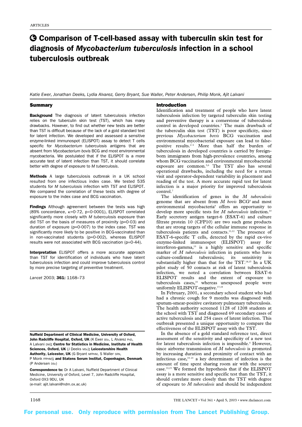 Comparison of T-Cell-Based Assay with Tuberculin Skin Test for Diagnosis of Mycobacterium Tuberculosis Infection in a School Tuberculosis Outbreak