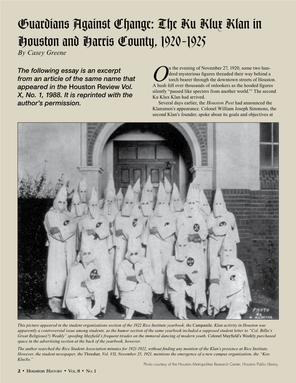 The Ku Klux Klan in Houston and Harris County, 1920-1925 by Casey Greene