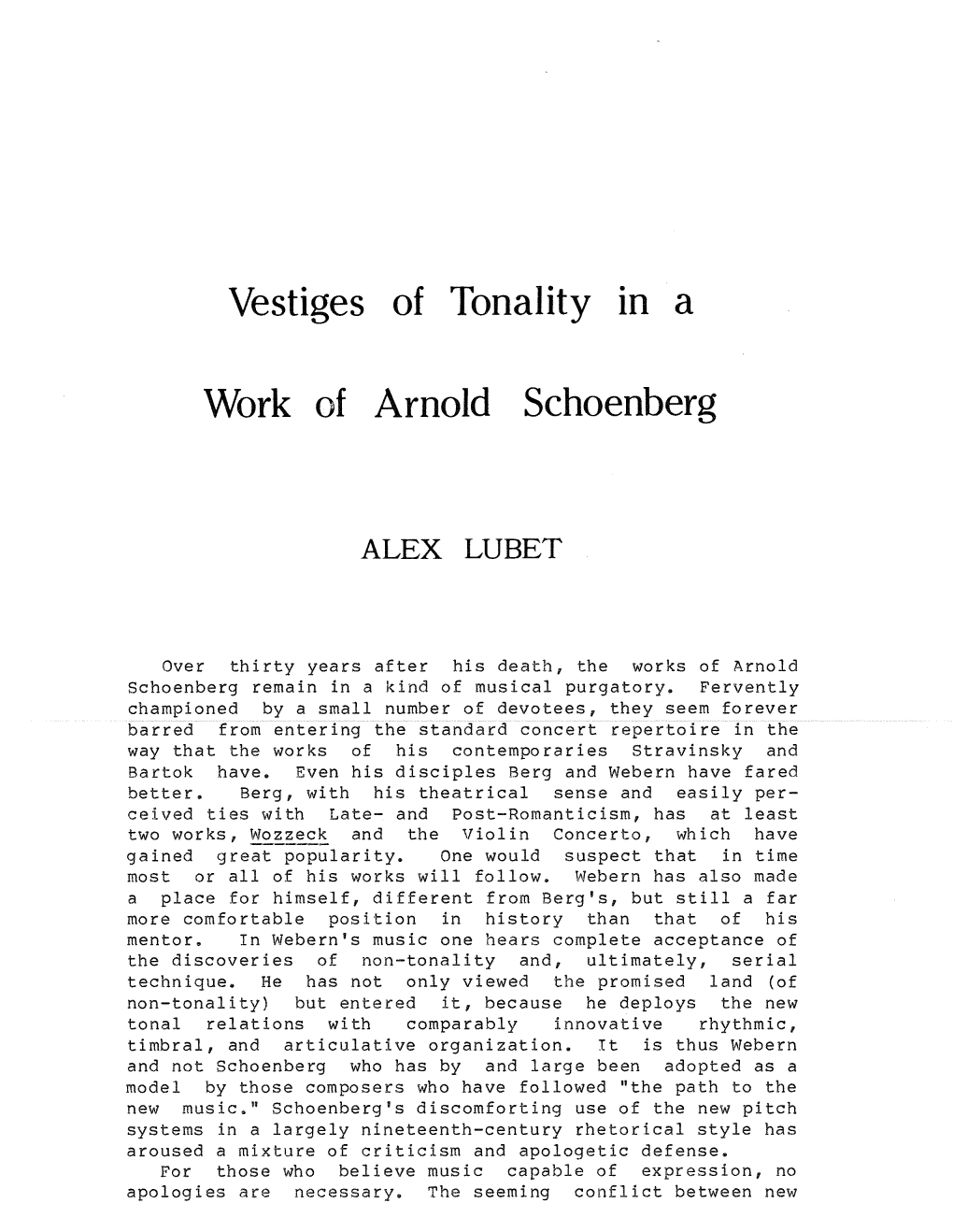 Vestiges of Tonality Work of Arnold Schoenberg