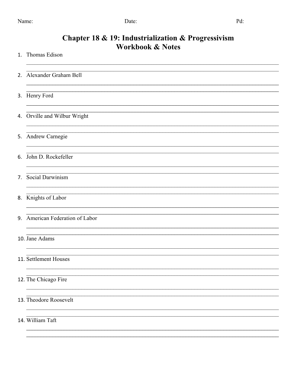 Chapter 18 & 19: Industrialization & Progressivism Workbook & Notes