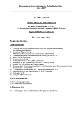 Niederschrift Der Sitzung Des Amtsausschusses Vom 22.11.2017