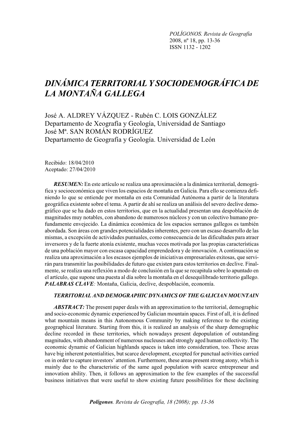 Dinámica Territorial Y Sociodemográfica De La Montaña Gallega