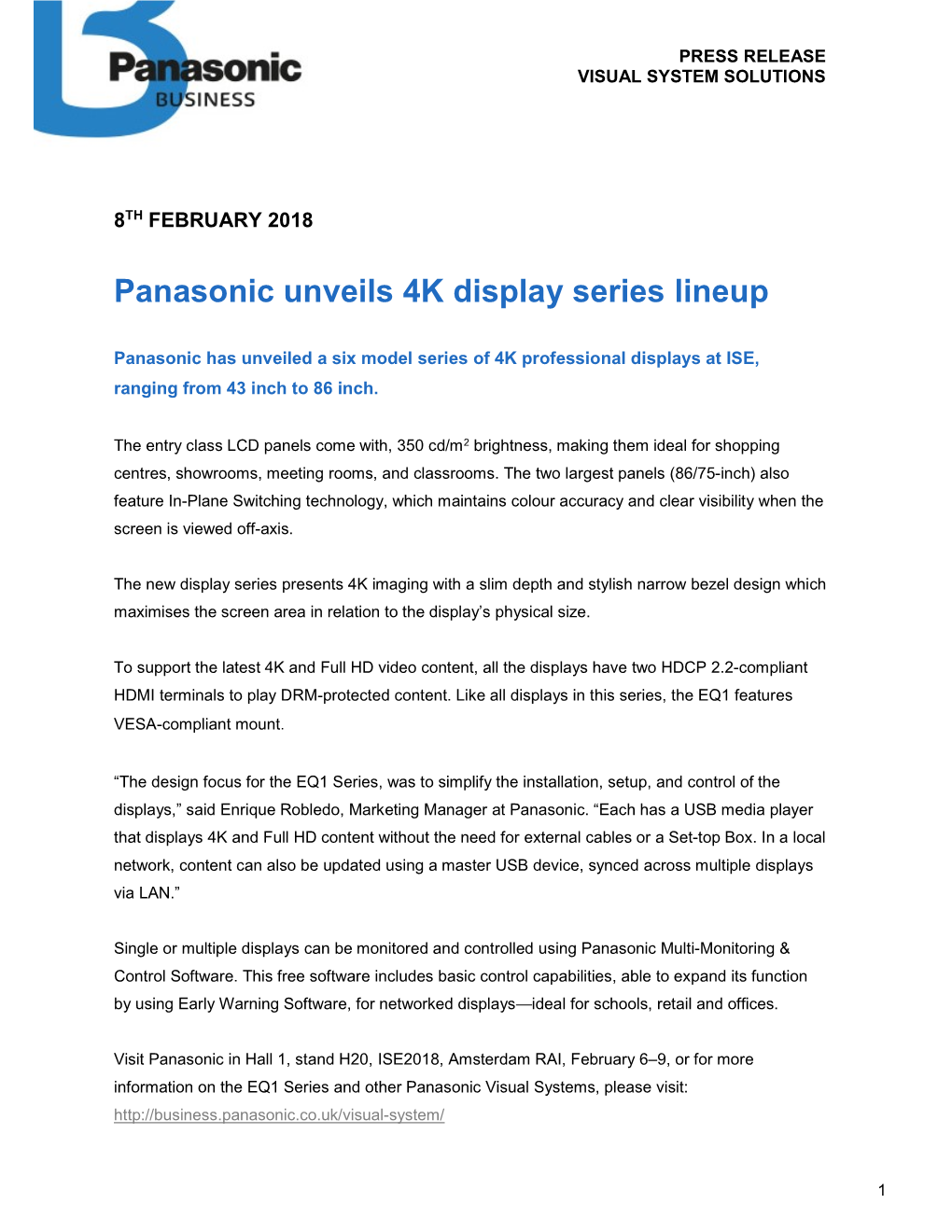 Panasonic Unveils 4K Display Series Lineup