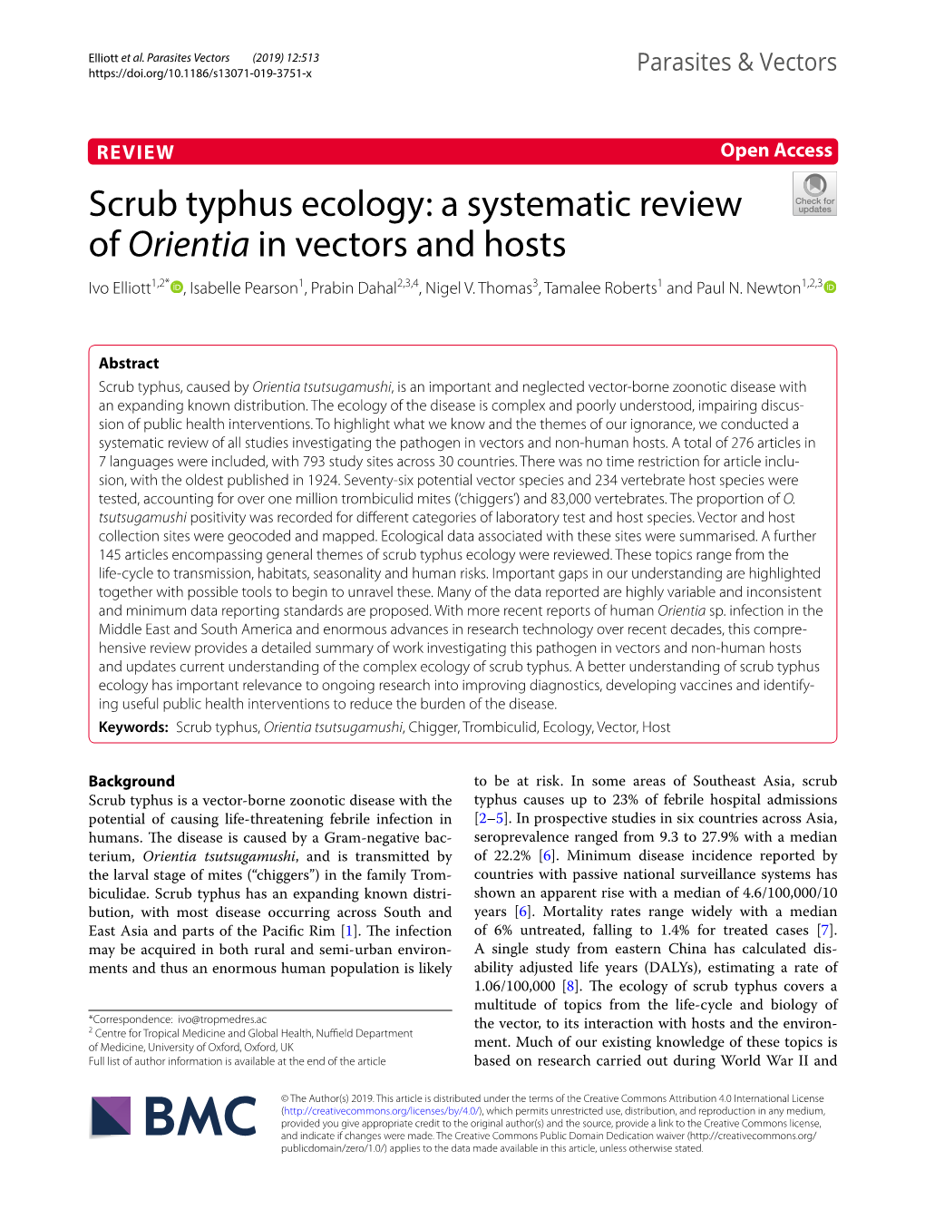 Scrub Typhus Ecology: a Systematic Review of Orientia in Vectors and Hosts Ivo Elliott1,2* , Isabelle Pearson1, Prabin Dahal2,3,4, Nigel V