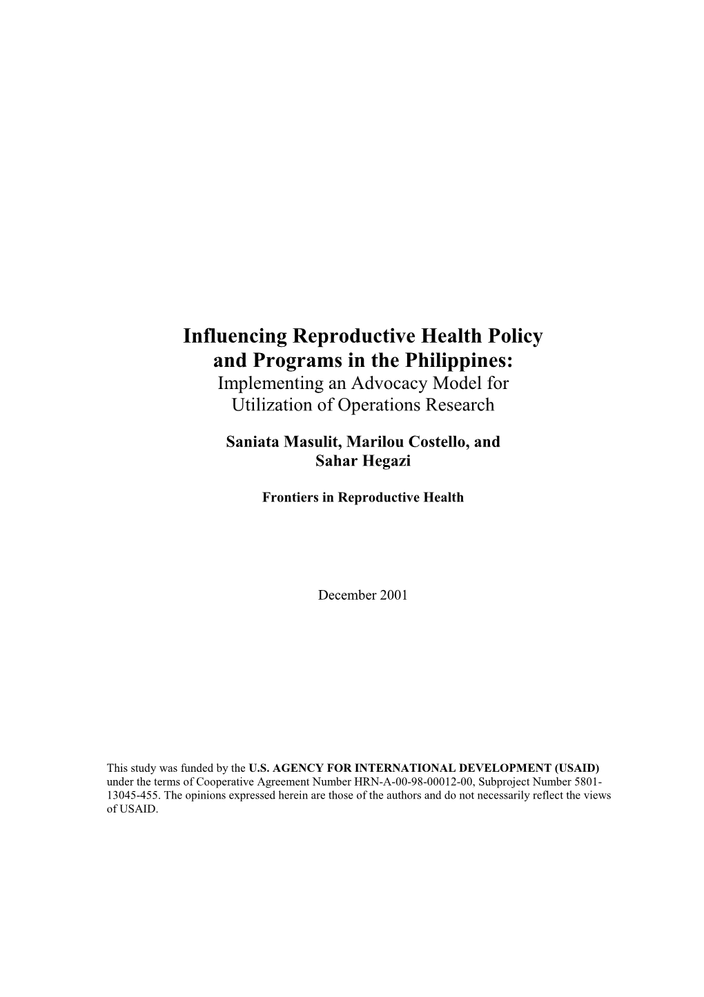 Influencing Reproductive Health Policy and Programs in the Philippines: Implementing an Advocacy Model for Utilization of Operations Research