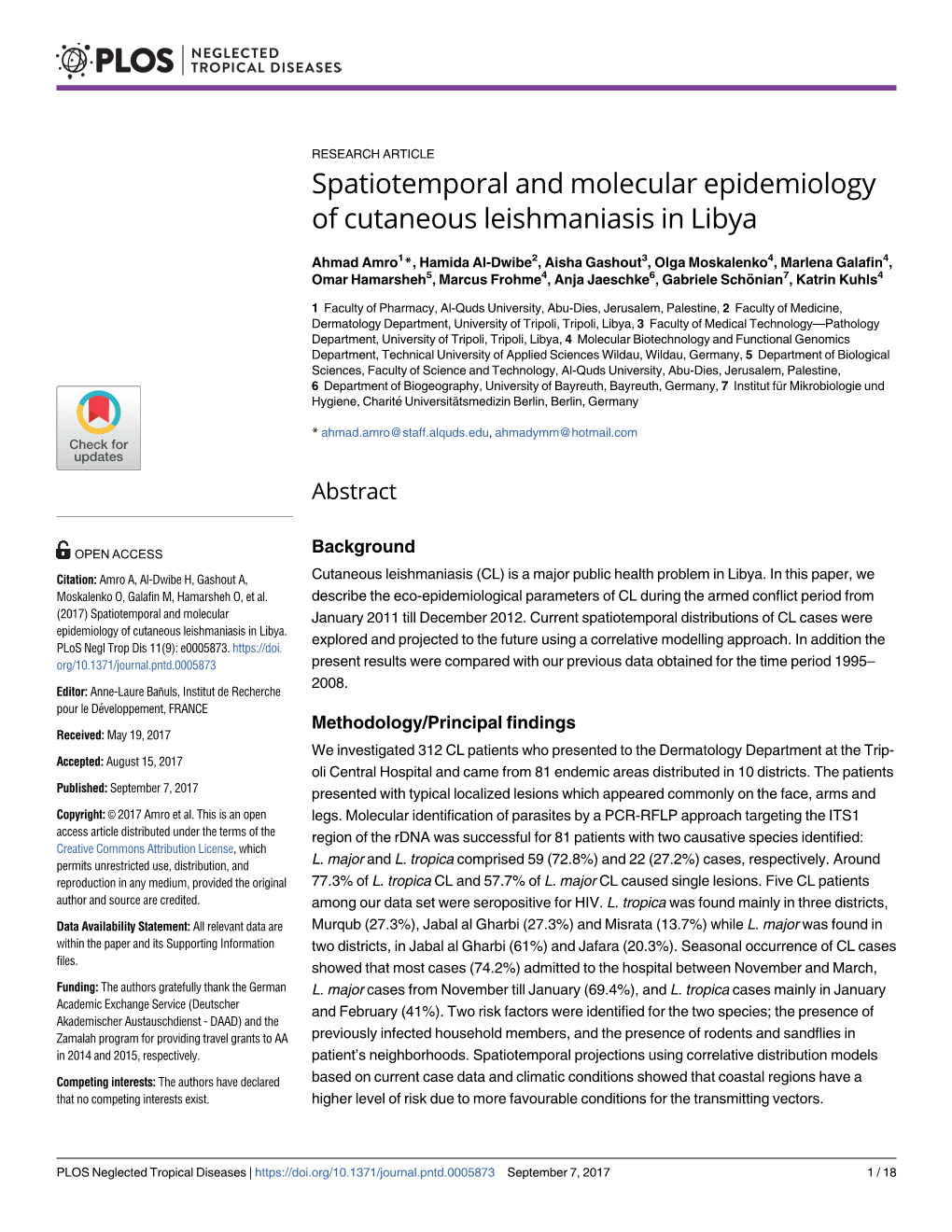 Spatiotemporal and Molecular Epidemiology of Cutaneous Leishmaniasis in Libya