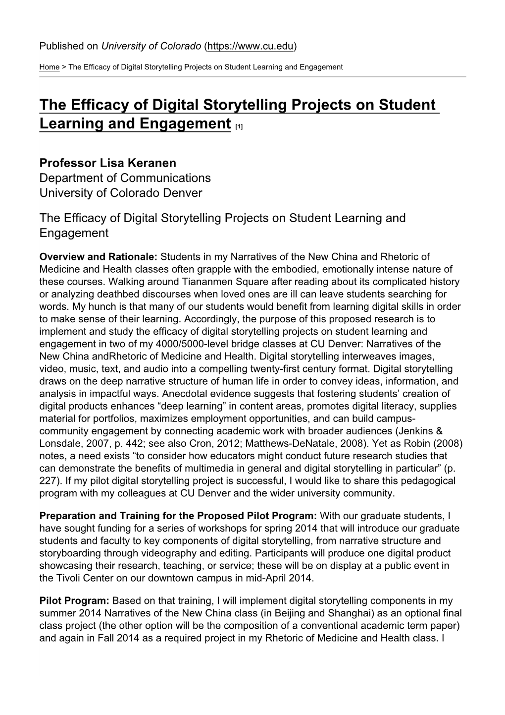 The Efficacy of Digital Storytelling Projects on Student Learning and Engagement