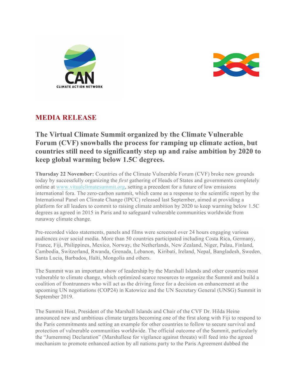 MEDIA RELEASE the Virtual Climate Summit Organized by the Climate Vulnerable Forum