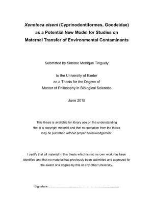 Xenotoca Eiseni (Cyprinodontiformes, Goodeidae) As a Potential New Model for Studies on Maternal Transfer of Environmental Contaminants