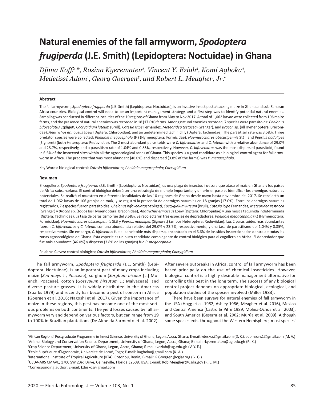 Natural Enemies of the Fall Armyworm, Spodoptera Frugiperda(J.E. Smith) (Lepidoptera: Noctuidae) in Ghana