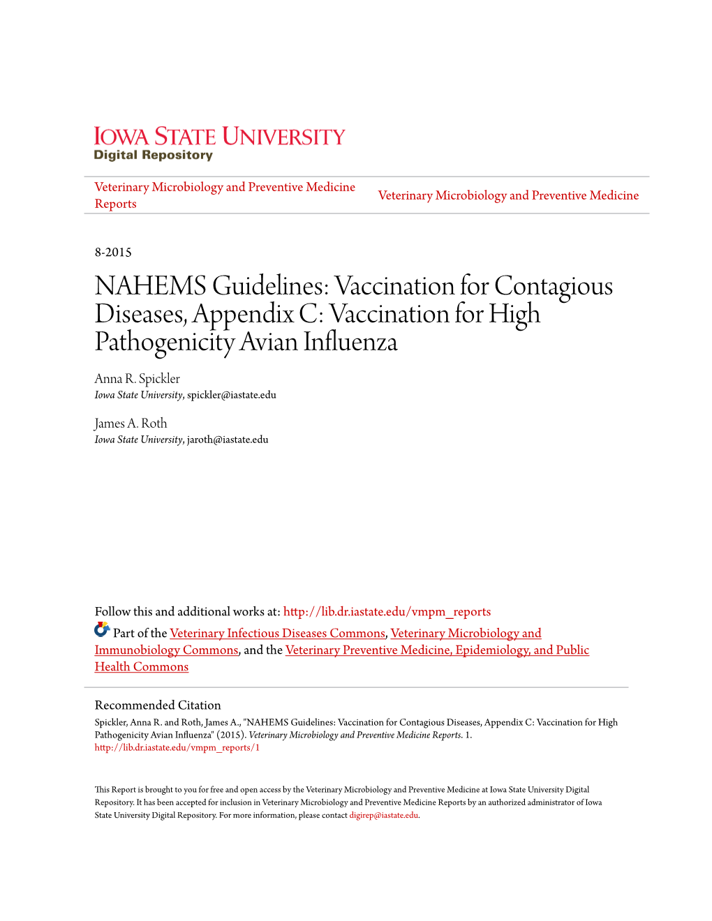 Vaccination for High Pathogenicity Avian Influenza Anna R