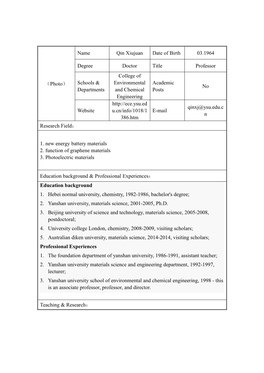 Name Qin Xiujuan Date of Birth 03.1964
