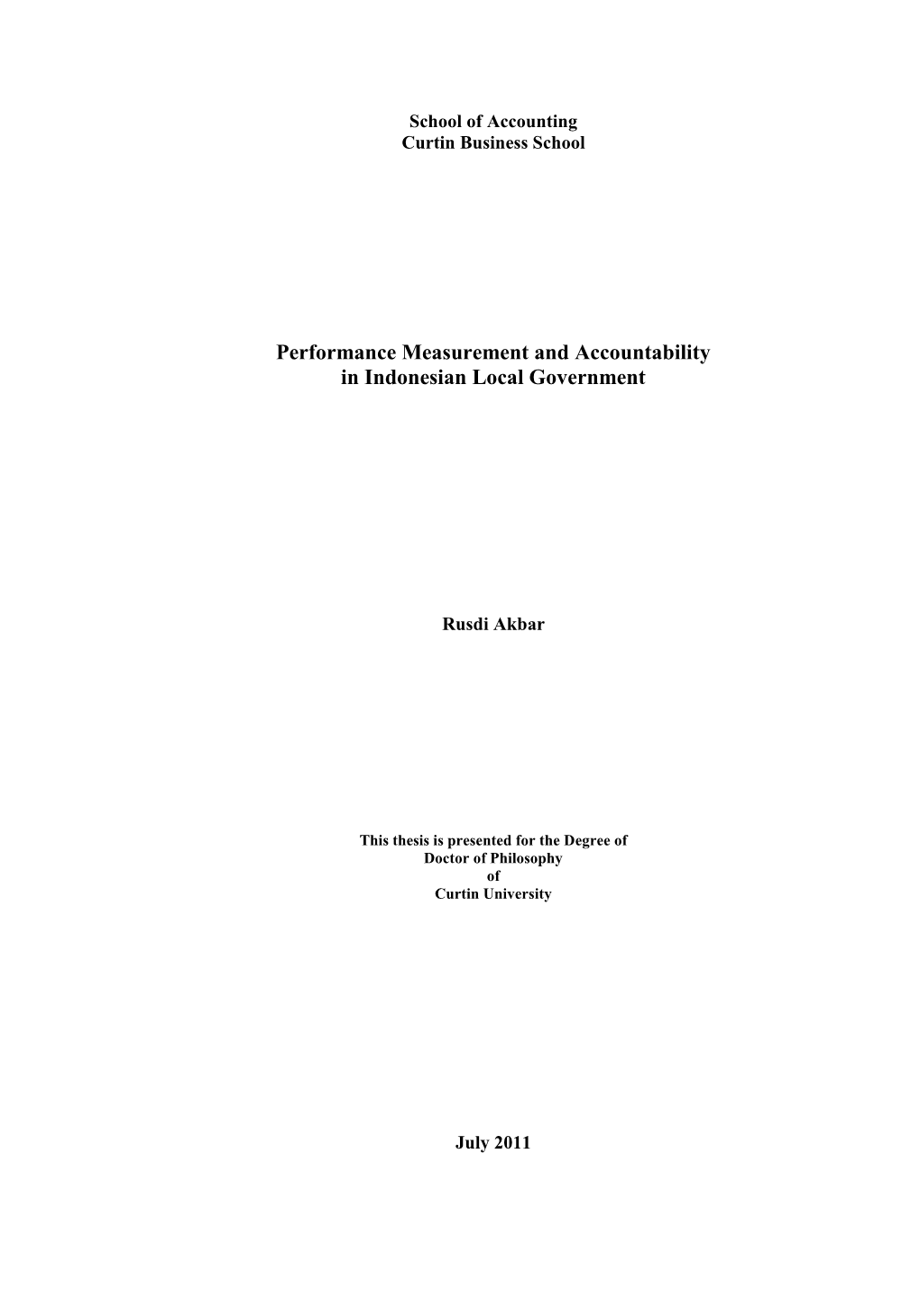 Performance Measurement and Accountability in Indonesian Local Government