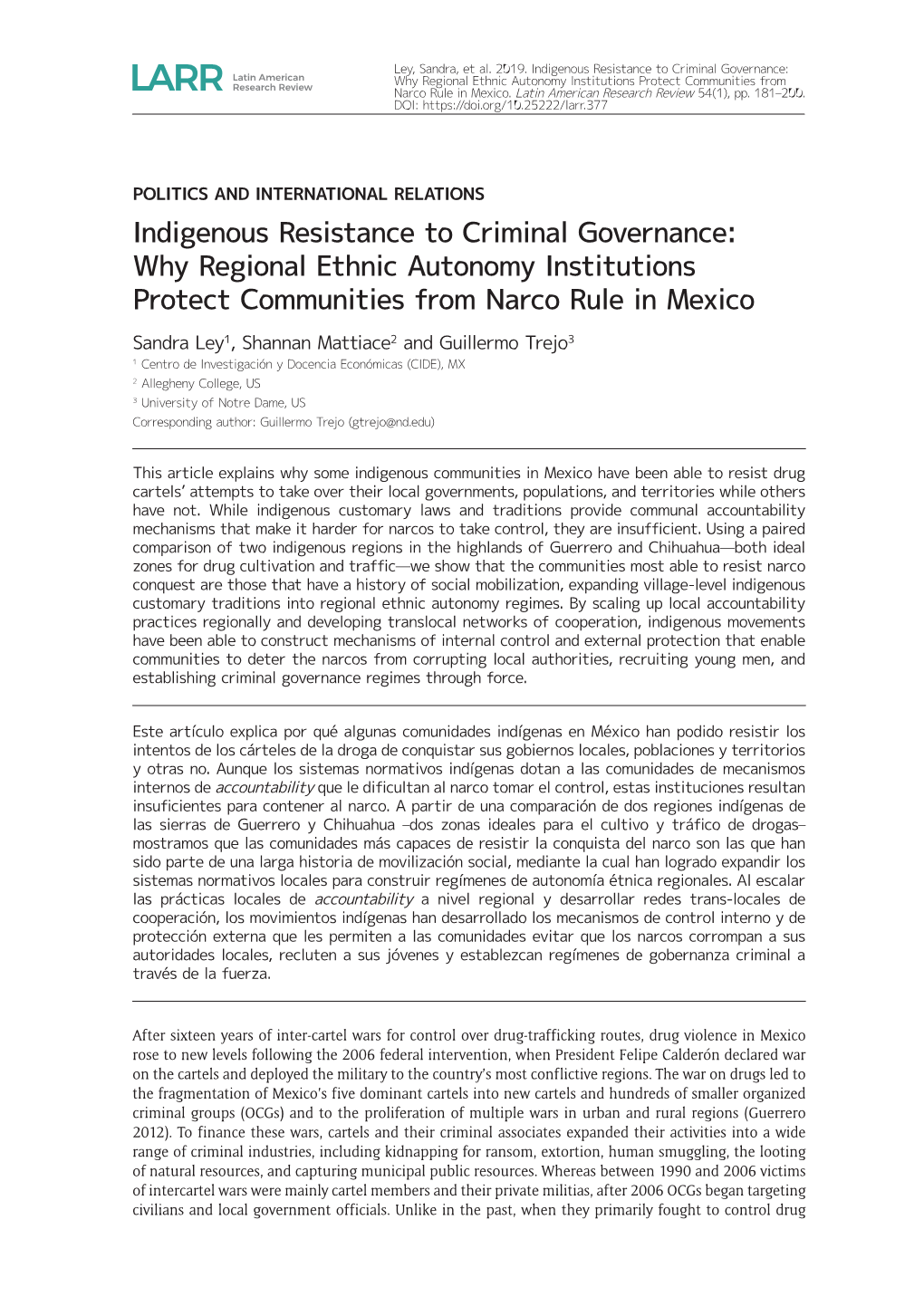 Indigenous Resistance to Criminal Governance: Why Regional Ethnic Autonomy Institutions Protect Communities from Narco Rule in Mexico