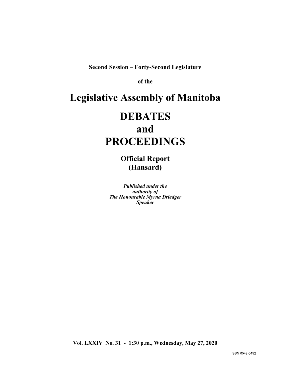 Legislative Assembly of Manitoba DEBATES and PROCEEDINGS