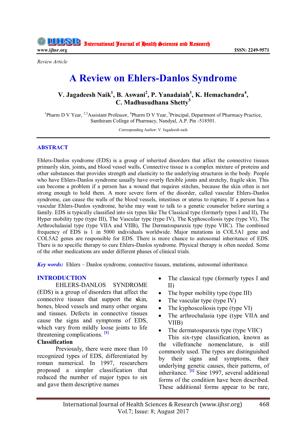 A Review on Ehlers-Danlos Syndrome