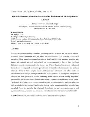 Synthesis of Oxazole, Oxazoline and Isoxazoline Derived Marine Natural Products: a Review