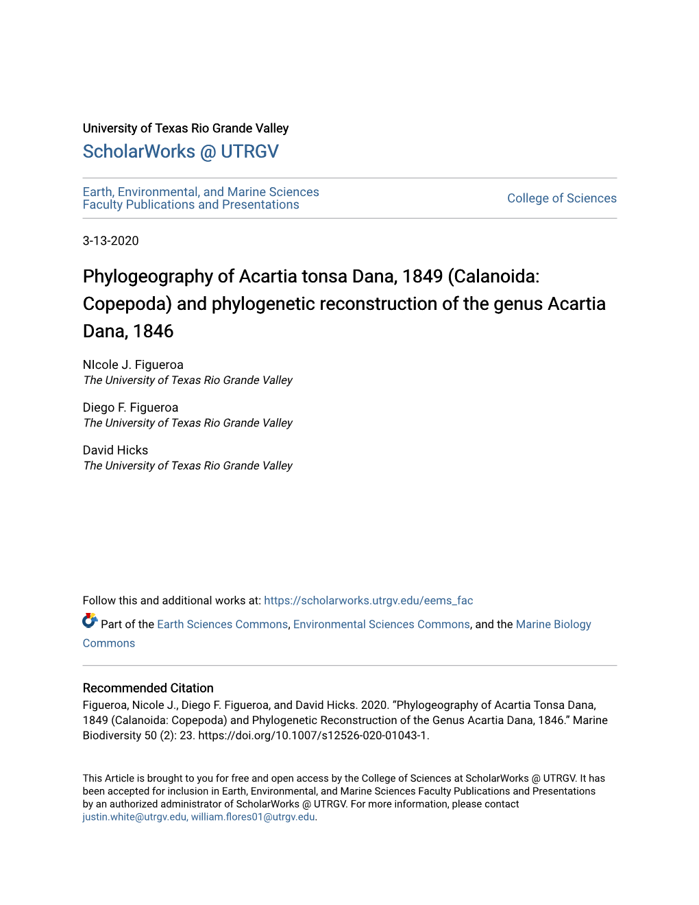 Acartia Tonsa Dana, 1849 (Calanoida: Copepoda) and Phylogenetic Reconstruction of the Genus Acartia Dana, 1846