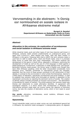 N Oorsig Oor Normloosheid En Sosiale Isolasie in Afrikaanse Ekstreme Metal