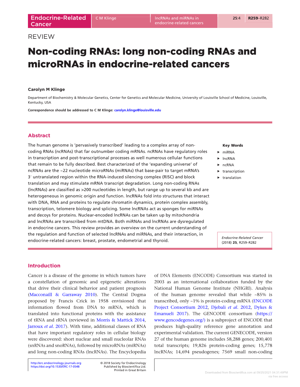 Long Non-Coding Rnas and Micrornas in Endocrine-Related Cancers