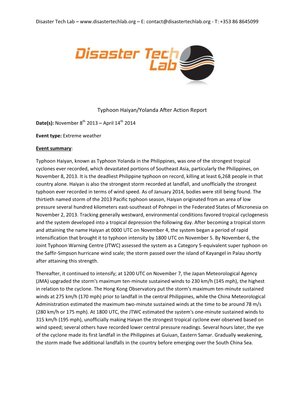 Typhoon Haiyan/Yolanda After Action Report