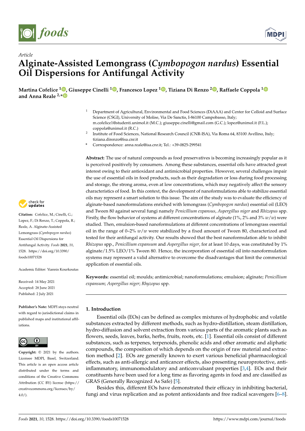 (Cymbopogon Nardus) Essential Oil Dispersions for Antifungal Activity