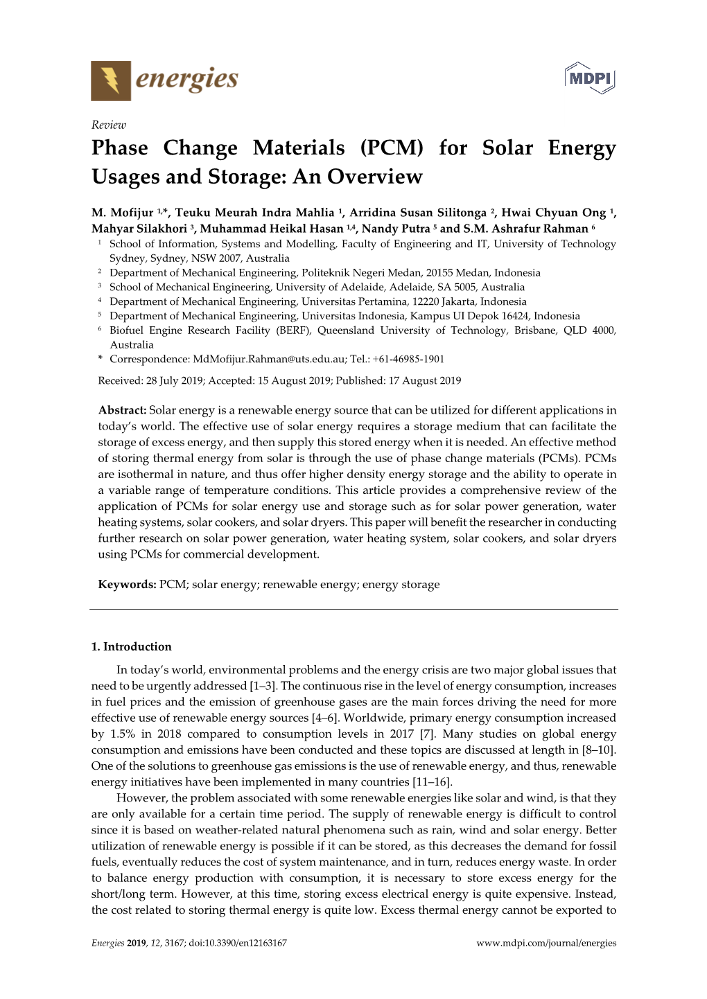 Phase Change Materials (PCM) for Solar Energy Usages and Storage: an Overview