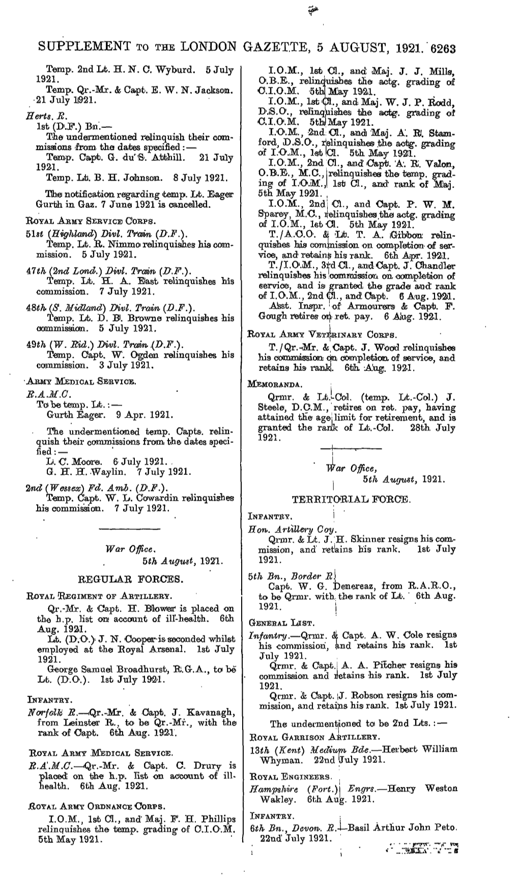 Supplement to the London Gazette, 5 August, 1921. 6263