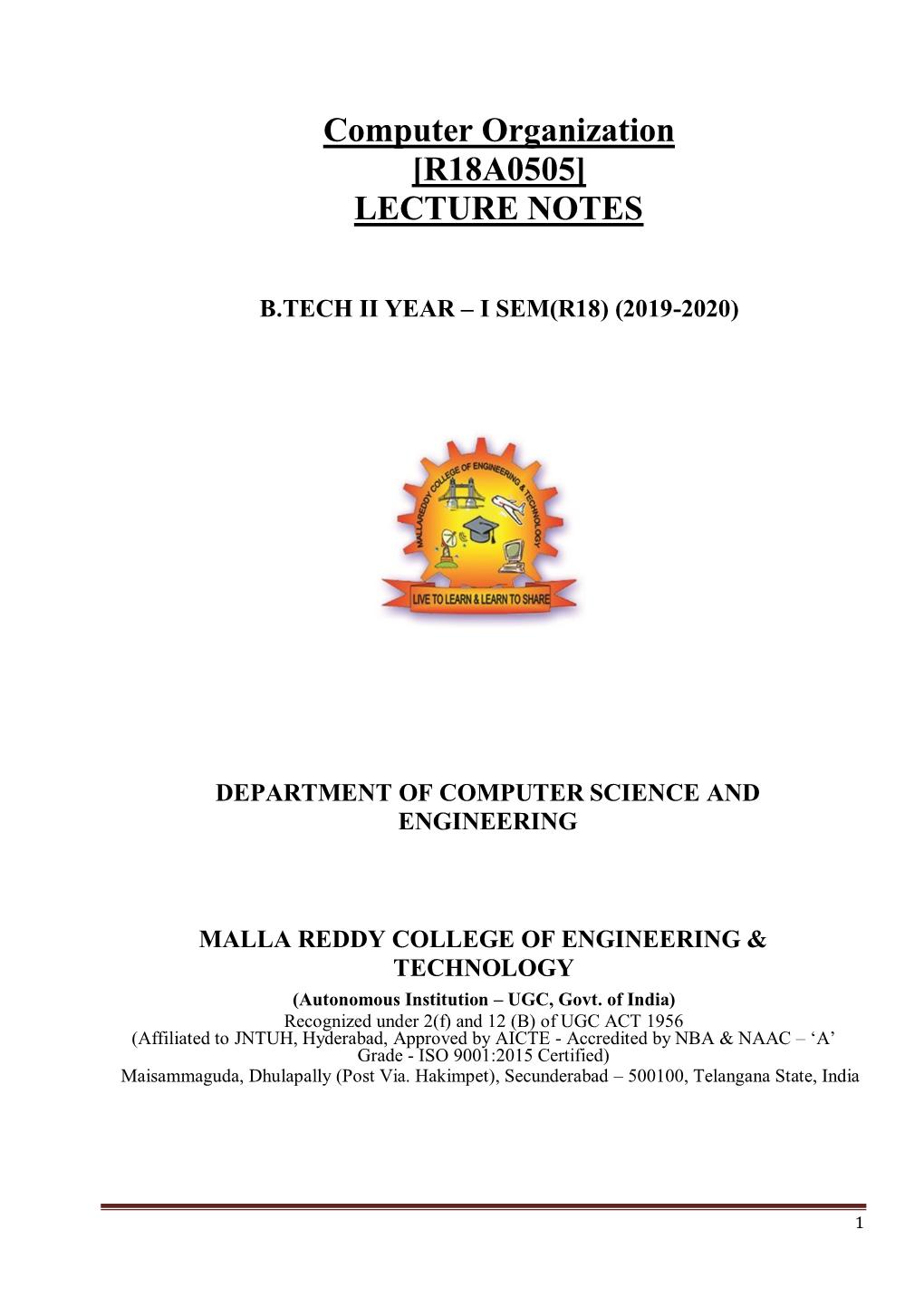 Computer Organization [R18A0505] LECTURE NOTES