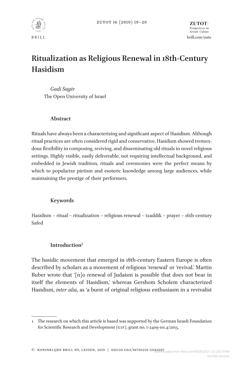 Ritualization As Religious Renewal in 18Th-Century Hasidism