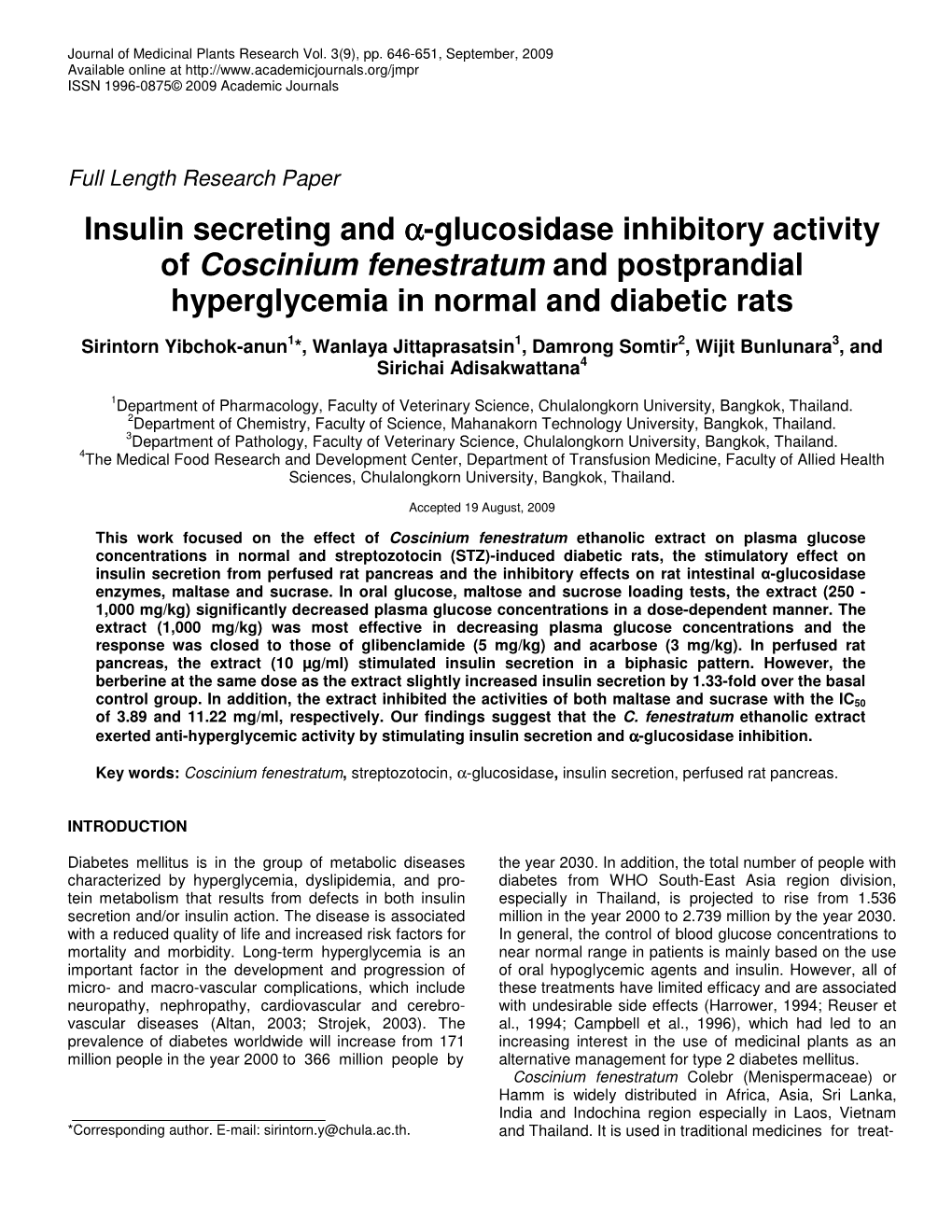 Insulin Secreting and Α-Glucosidase Inhibitory Activity of Coscinium Fenestratum and Postprandial Hyperglycemia in Normal and Diabetic Rats