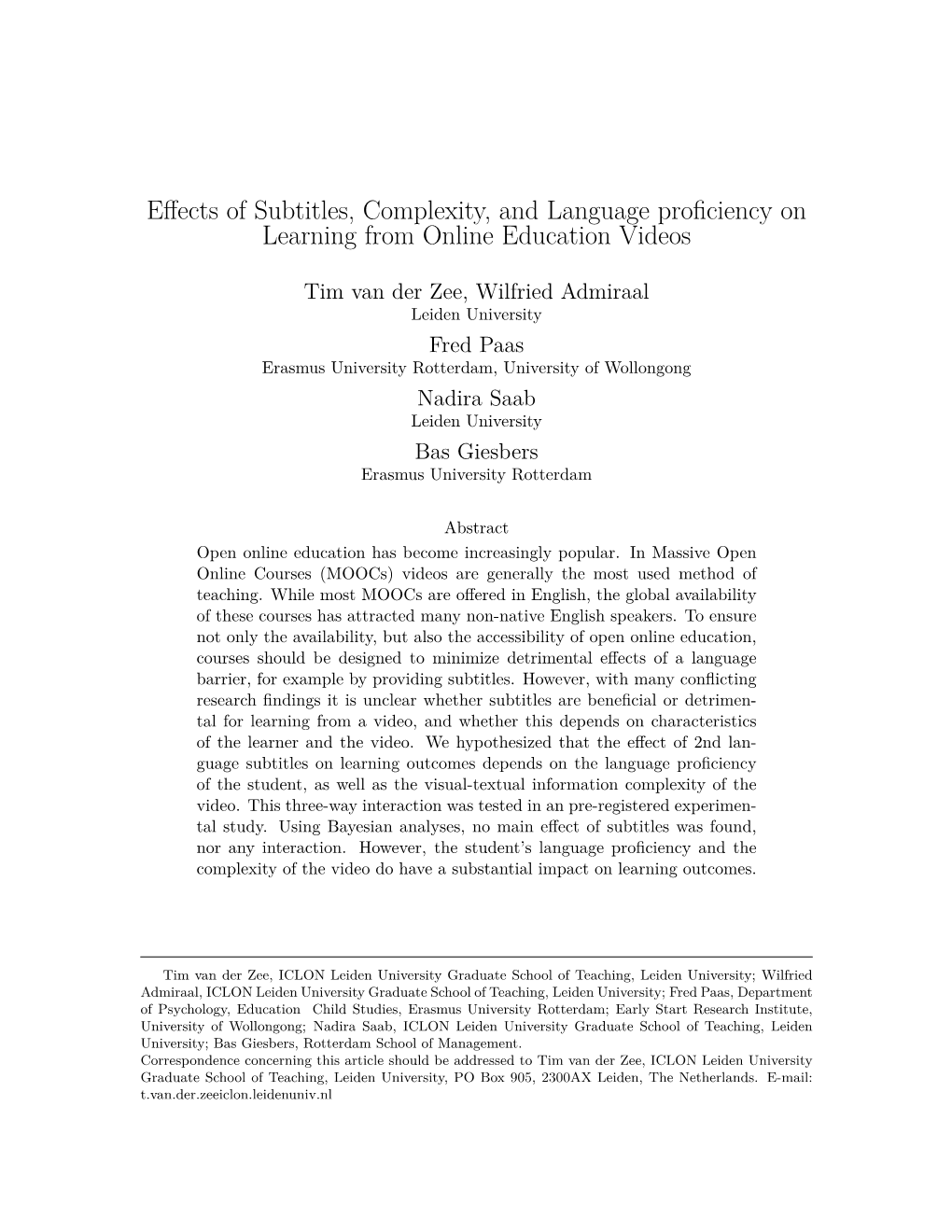 Effects of Subtitles, Complexity, and Language Proficiency on Learning