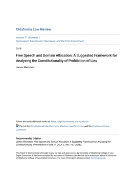 Free Speech and Domain Allocation: a Suggested Framework for Analyzing the Constitutionality of Prohibition of Lies