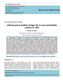 Inflorescence Bulbils of Tiger Lily in Vivo and Bulbils Culture in Vitro