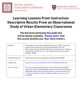 Learning Lessons from Instruction: Descriptive Results from an Observational Study of Urban Elementary Classrooms