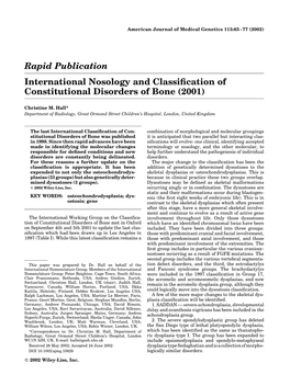 Rapid Publication International Nosology and Classification of Constitutional Disorders of Bone