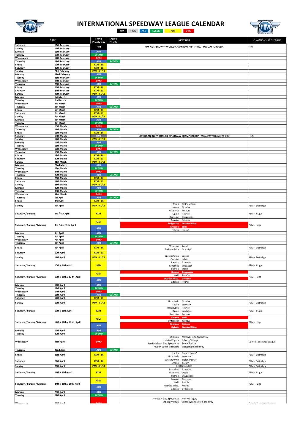 International Speedway League Calendar Fim Fime Acu Svemo Pzm Dmu