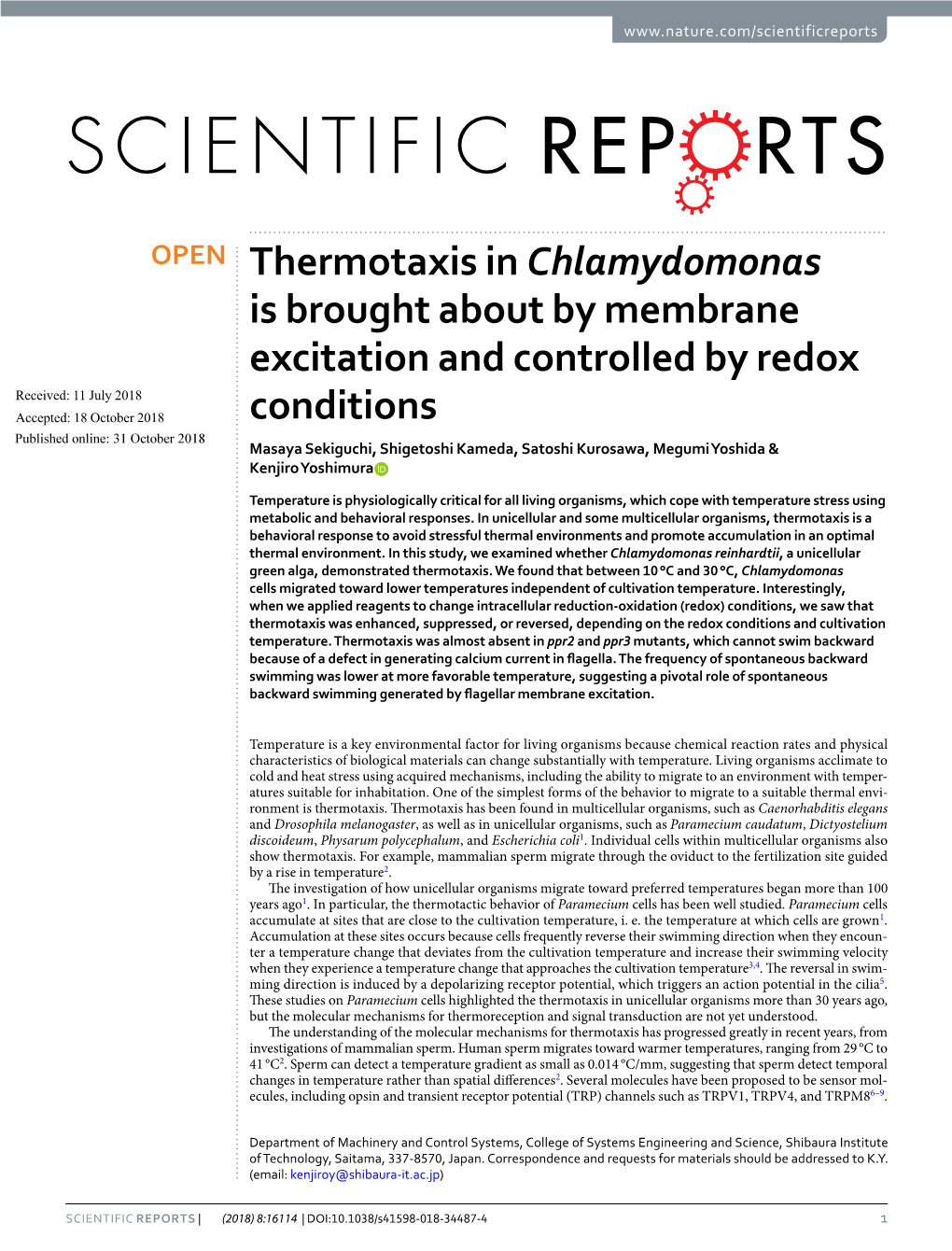 Thermotaxis in Chlamydomonas Is Brought About by Membrane