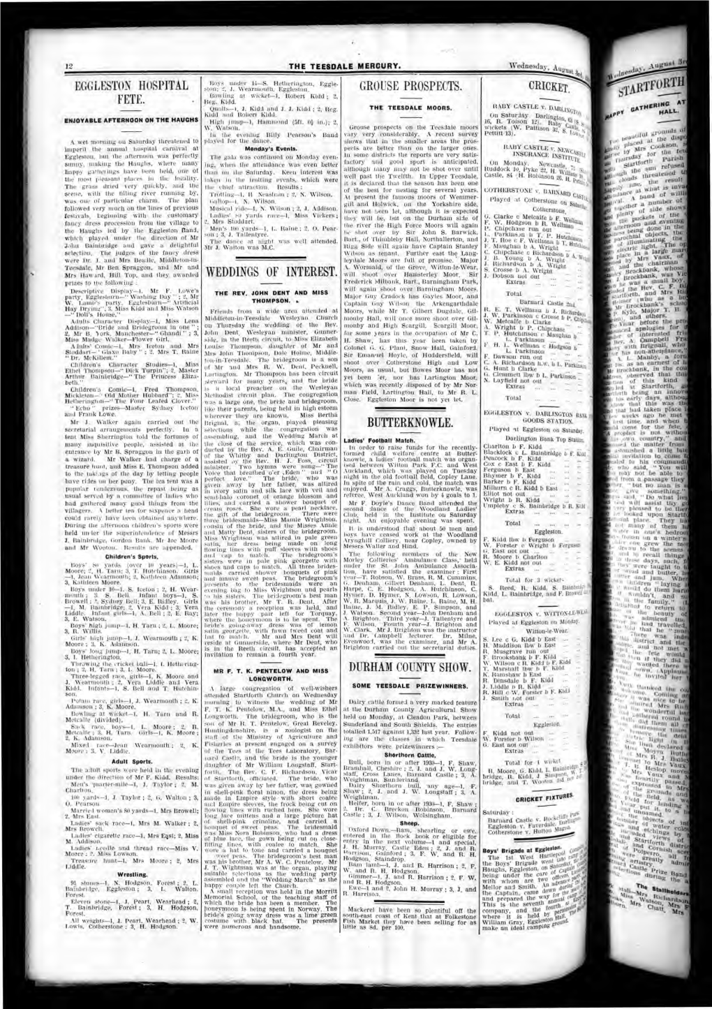 Eggleston Hospital Fete. Weddings of Interest. Grouse Prospects. Butterknowle. Durham County Show. Cricket