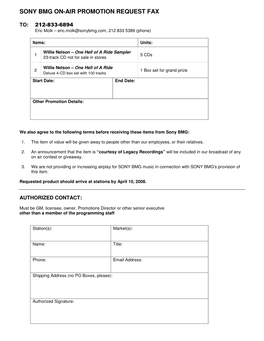 Sony Bmg On-Air Promotion Request Fax